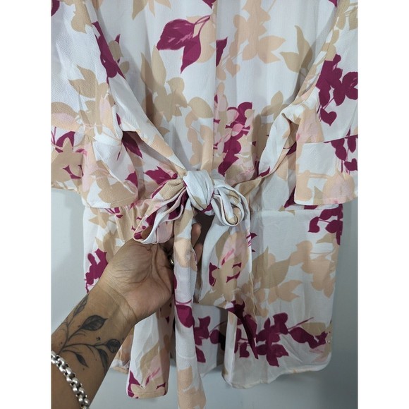 Lane Bryant Womens Floral Cream Pink Cinched Waist Tie Back Top Sz 28 Mature - Picture 6 of 9